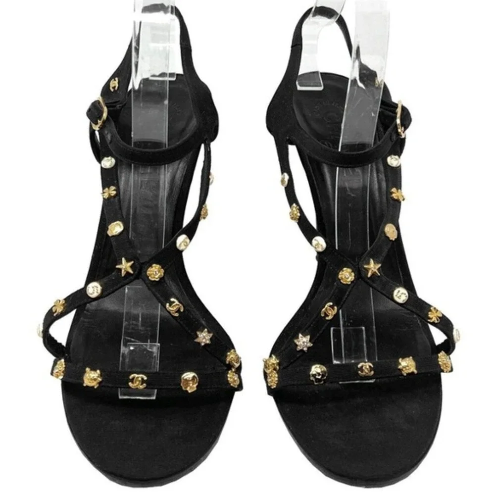 Chanel Black Strappy Heels Gold‎ Logo Studded Sandals Size 41